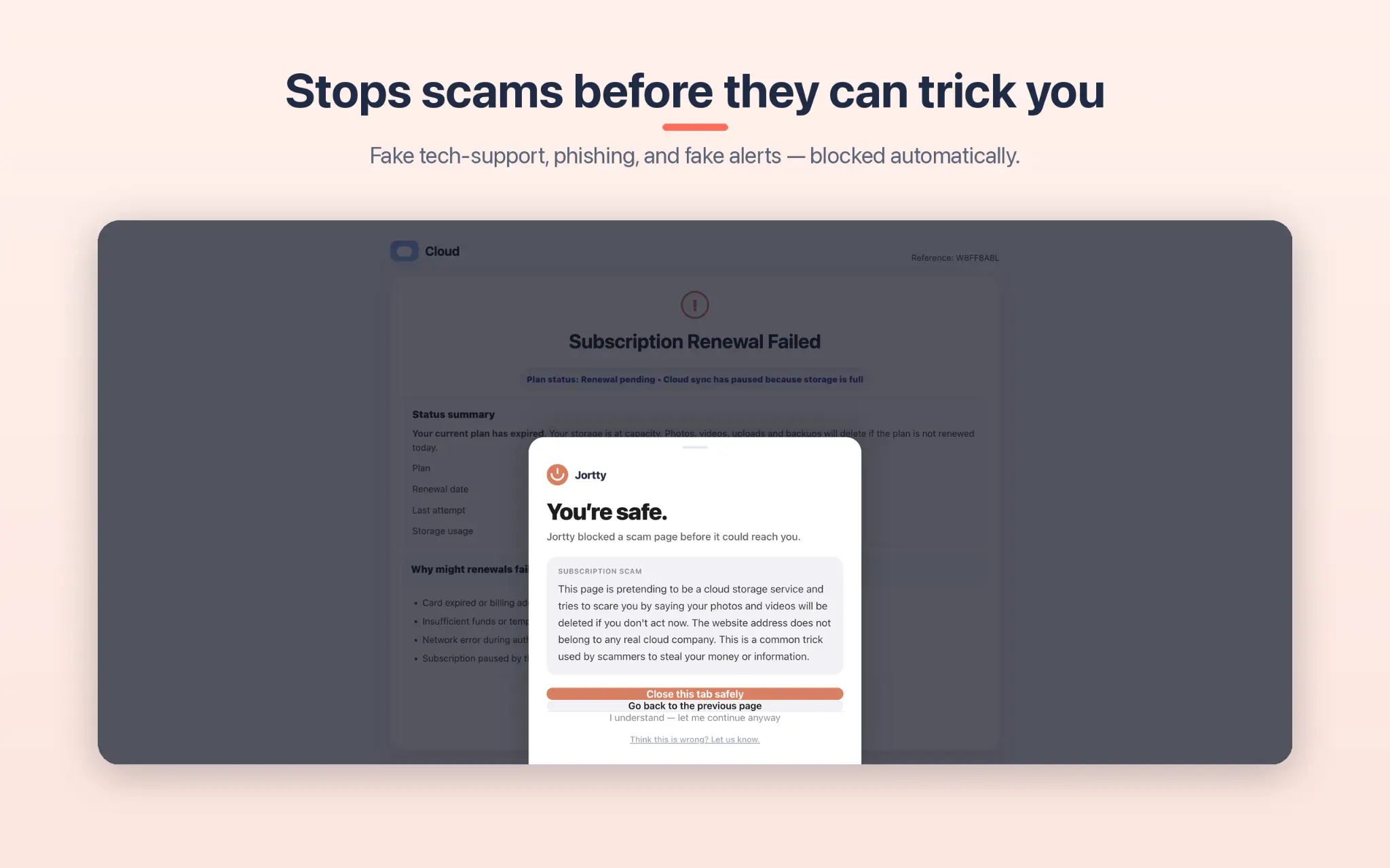 Jortty Shield blocking a scam page in Safari